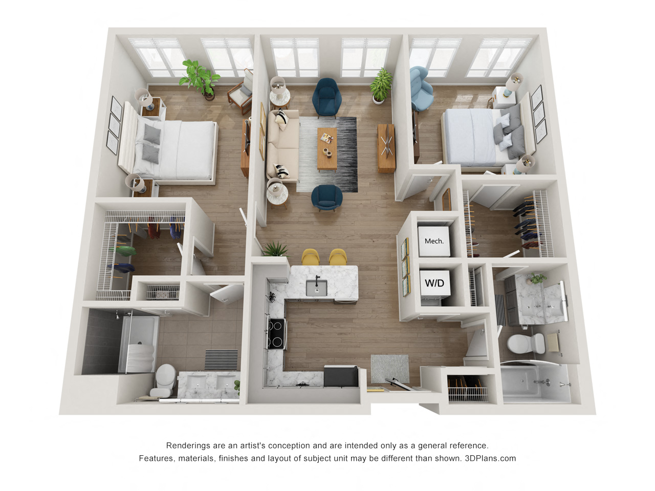 Floor plan for 2 beds, 2 baths, 1026 sqft